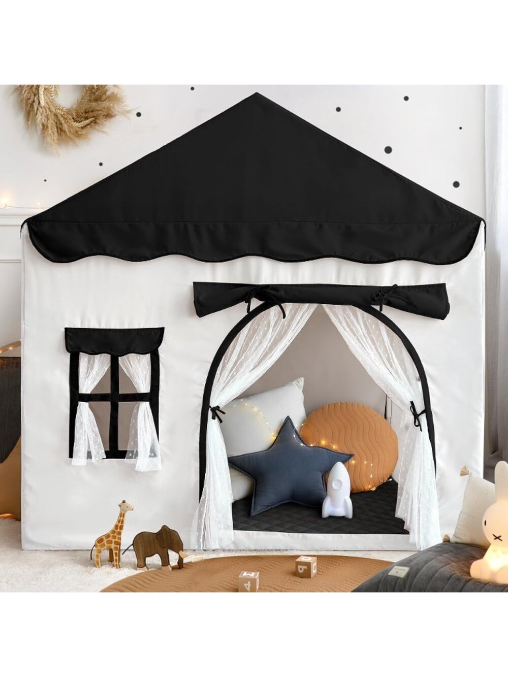 Kids Play Tent Black with Double Door Playhouse Tents Christmas House Gift